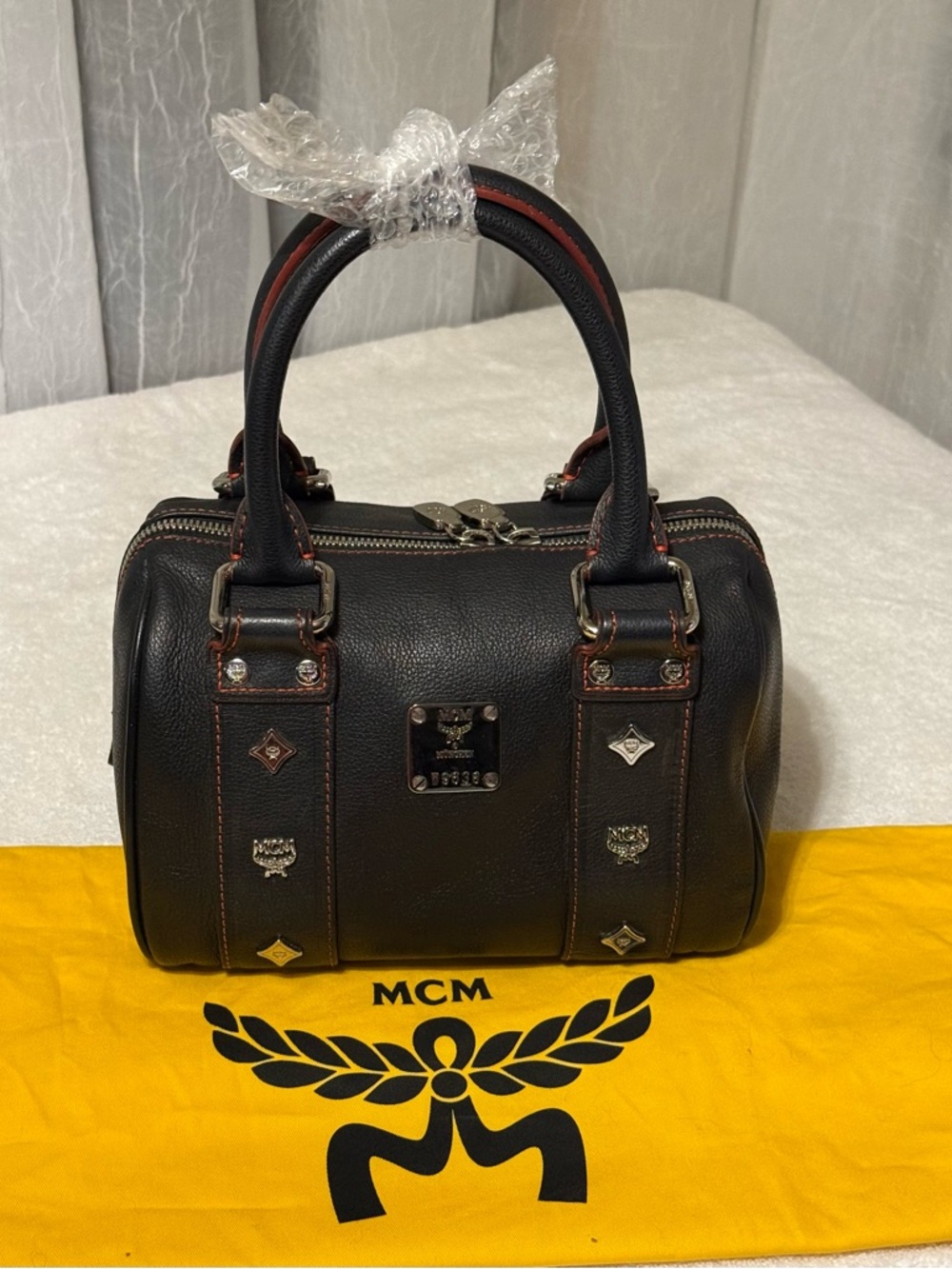 MCM Black Leather Mini Boston Bag - Signature Silver Hardware